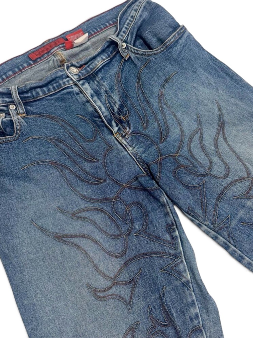 Vintage Y2K Bongo Flame Embroidered Jeans Tribal Denim Size 14